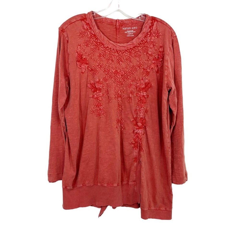 Karyn Seo Orange Embroidered Long Sleeve Shirt Asymmetrical Hem Cotton MEDIUM